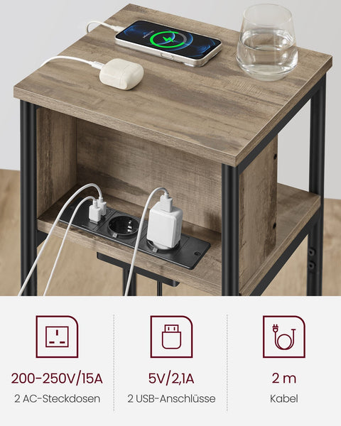Rootz Side Table with Socket - End Table - Nightstand - Chipboard and Steel - Hazelnut Brown-Black - 30cm x 34cm x 58cm