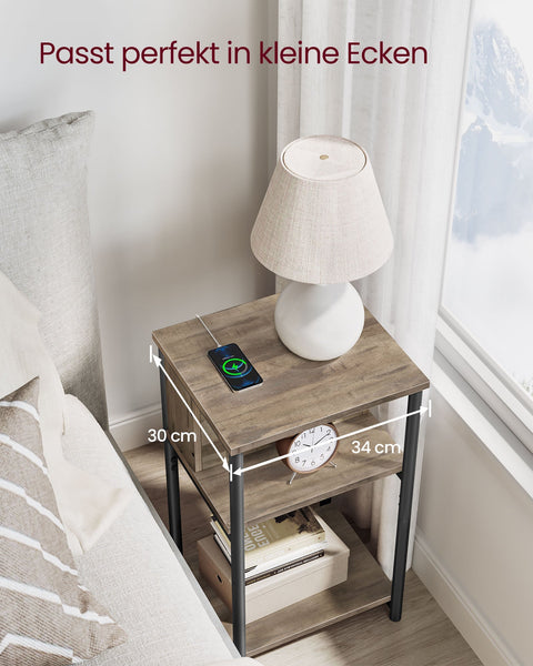 Rootz Side Table with Socket - End Table - Nightstand - Chipboard and Steel - Hazelnut Brown-Black - 30cm x 34cm x 58cm