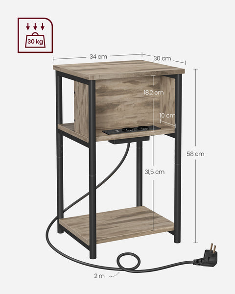 Rootz Side Table with Socket - End Table - Nightstand - Chipboard and Steel - Hazelnut Brown-Black - 30cm x 34cm x 58cm