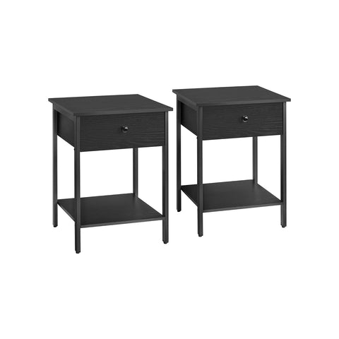 Rootz Set of 2 Ebony Black Bedside Tables - Nightstands - Chipboard and Steel Construction - 40cm x 40cm x 55cm - Max. 40kg Load Capacity - Drawer and Shelf Storage - Easy Assembly