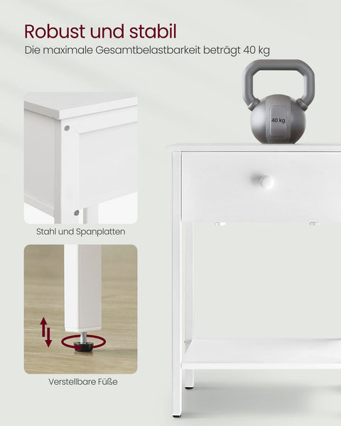 Rootz Set of 2 Matte White Bedside Tables - Nightstands - Chipboard and Steel Construction - 40cm x 40cm x 55cm - 20kg Surface Capacity - 10kg Drawer Capacity - 10kg Shelf Capacity - 40kg Total Capacity