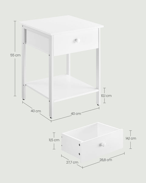 Rootz Set of 2 Matte White Bedside Tables - Nightstands - Chipboard and Steel Construction - 40cm x 40cm x 55cm - 20kg Surface Capacity - 10kg Drawer Capacity - 10kg Shelf Capacity - 40kg Total Capacity