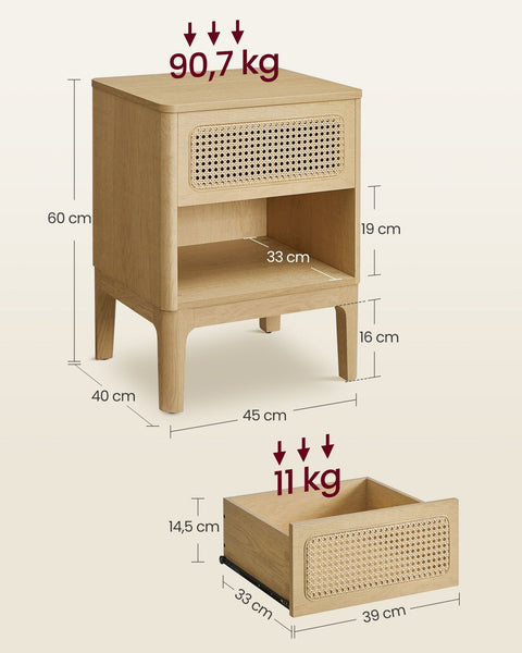 Rootz Modern Bedside Table - Nightstand - Bedroom Storage Unit - Brown Finish - 40cm x 103.5cm x 85cm