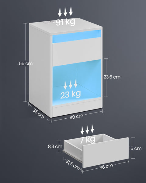 Rootz Bedside Table with LED - Nightstand - Bedroom Table - Modern Design - 35cm x 40cm x 55cm -  White