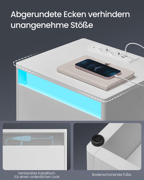 Rootz Bedside Table with LED - Nightstand - Bedroom Table - Modern Design - 35cm x 40cm x 55cm -  White