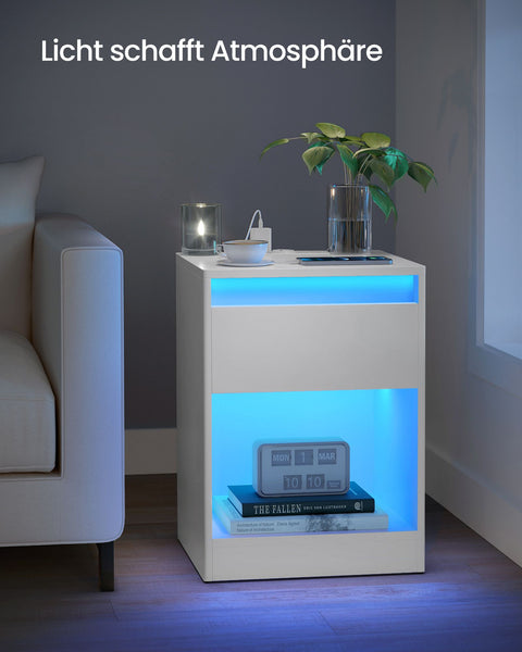 Rootz Bedside Table with LED - Nightstand - Bedroom Table - Modern Design - 35cm x 40cm x 55cm -  White