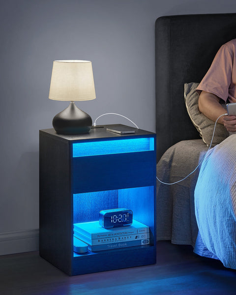 Rootz Bedside Table with LED Lighting - Nightstand - Bedside Cabinet - Modern Design - 35cm x 40cm x 55cm - Black