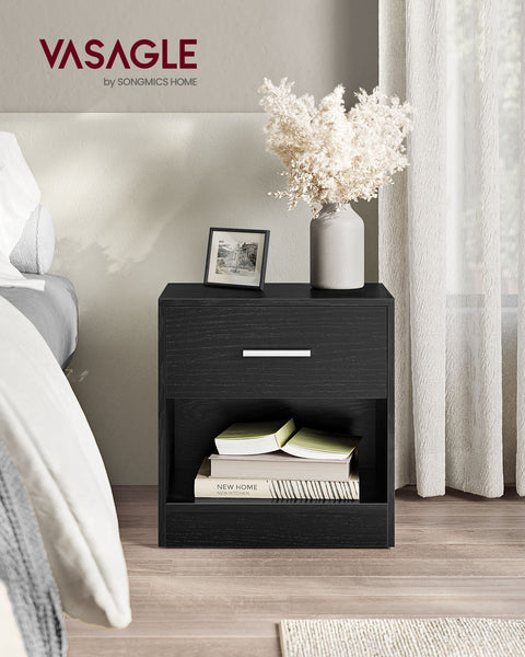 Rootz Chipboard Side Table - Classic Black Nightstand - Bedside Table - Sturdy Construction - Spacious Drawer - Easy Assembly - 28cm x 39cm x 41cm
