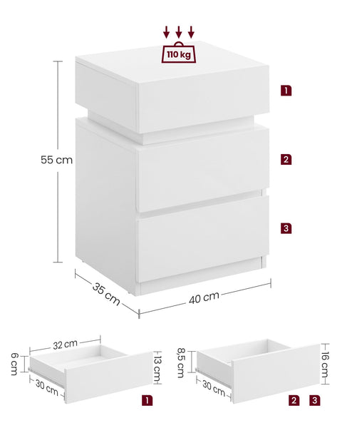 Rootz Chipboard Side Table - White End Table - Bedside Table - 3 Drawer Nightstand - 33.5cm x 40cm x 55cm - Lightweight - Sturdy - Easy Assembly
