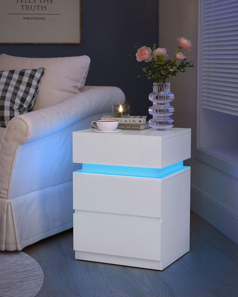 Rootz Chipboard Side Table - White End Table - Bedside Table - 3 Drawer Nightstand - 33.5cm x 40cm x 55cm - Lightweight - Sturdy - Easy Assembly
