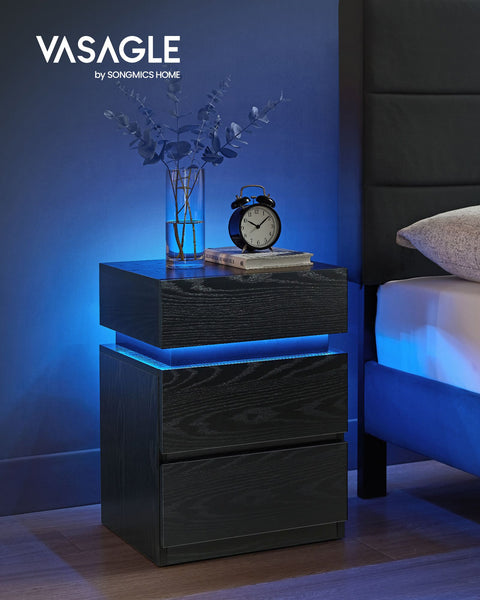 Rootz Chipboard Side Table - Black Wood Grain - Nightstand - Bedside Table - 3 Drawers - Lightweight - Sturdy - 35cm x 40cm x 55cm