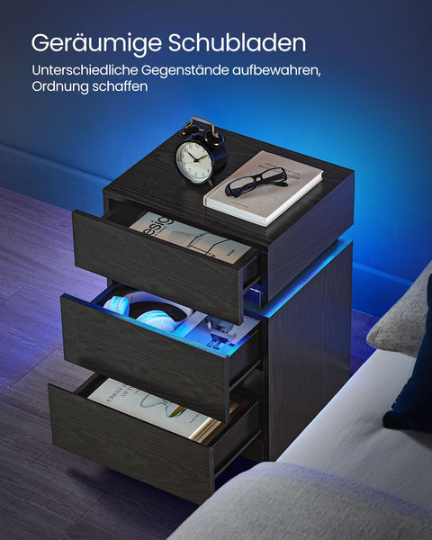 Rootz Chipboard Side Table - Black Wood Grain - Nightstand - Bedside Table - 3 Drawers - Lightweight - Sturdy - 35cm x 40cm x 55cm