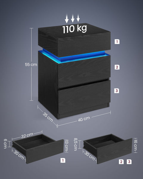 Rootz Chipboard Side Table - Black Wood Grain - Nightstand - Bedside Table - 3 Drawers - Lightweight - Sturdy - 35cm x 40cm x 55cm