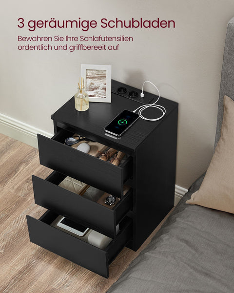 Rootz Side Table with 3 Drawers - Nightstand - Bedside Table - Modern Design - Ebony Black Finish - 45cm x 40cm x 60cm
