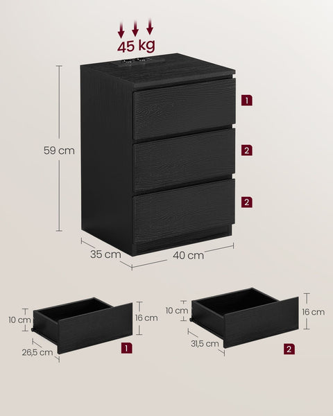 Rootz Side Table with 3 Drawers - Nightstand - Bedside Table - Modern Design - Ebony Black Finish - 45cm x 40cm x 60cm