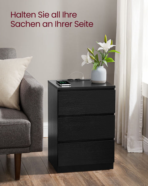 Rootz Side Table with 3 Drawers - Nightstand - Bedside Table - Modern Design - Ebony Black Finish - 45cm x 40cm x 60cm