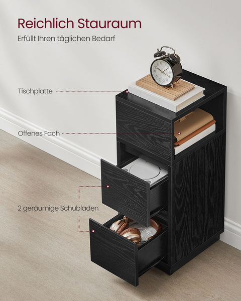 Rootz Narrow Bedside Table - Nightstand - 2 Drawer Storage - Space Saving - 30cm x 25cm x 65cm - Black