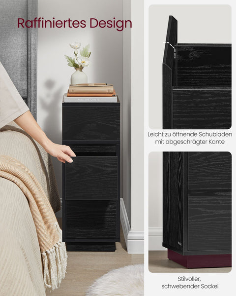 Rootz Narrow Bedside Table - Nightstand - 2 Drawer Storage - Space Saving - 30cm x 25cm x 65cm - Black