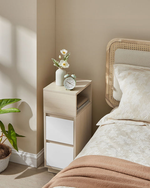 Rootz Narrow Bedside Table - Nightstand - Tall Side Table - 2 Drawers - Chipboard MDF - 30cm x 25cm x 65cm