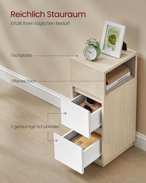 Rootz Narrow Bedside Table - Nightstand - Tall Side Table - 2 Drawers - Chipboard MDF - 30cm x 25cm x 65cm