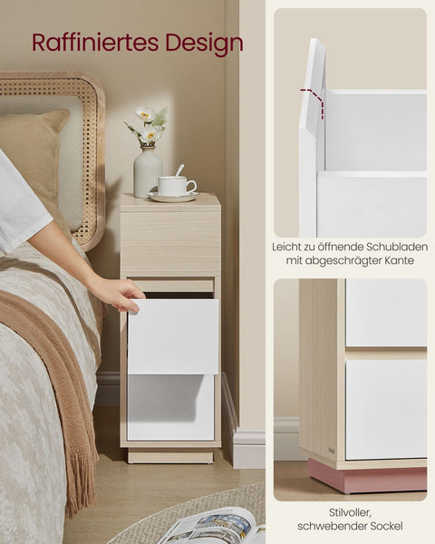 Rootz Narrow Bedside Table - Nightstand - Tall Side Table - 2 Drawers - Chipboard MDF - 30cm x 25cm x 65cm