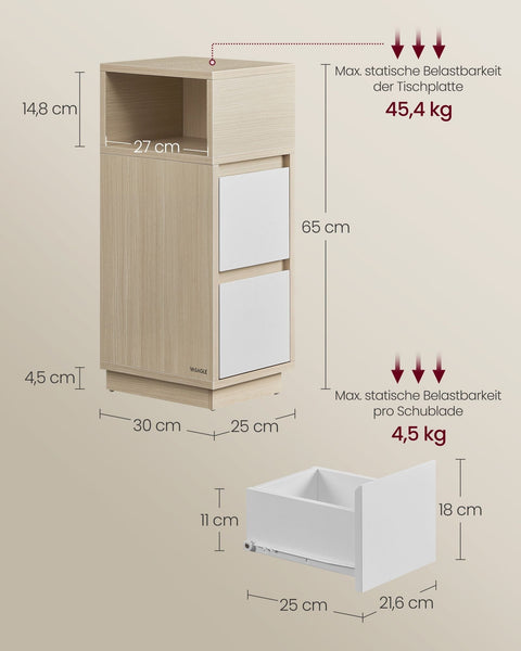 Rootz Narrow Bedside Table - Nightstand - Tall Side Table - 2 Drawers - Chipboard MDF - 30cm x 25cm x 65cm