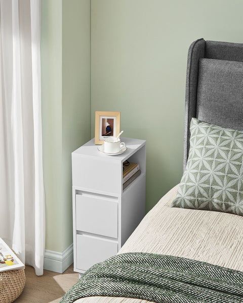 Rootz Narrow Bedside Table - Nightstand - White Finish - Space-Saving Design - 30 x 25 x 65 cm