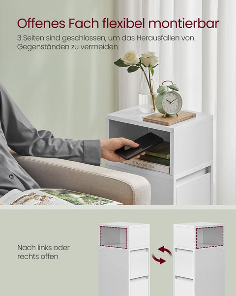 Rootz Narrow Bedside Table - Nightstand - White Finish - Space-Saving Design - 30 x 25 x 65 cm