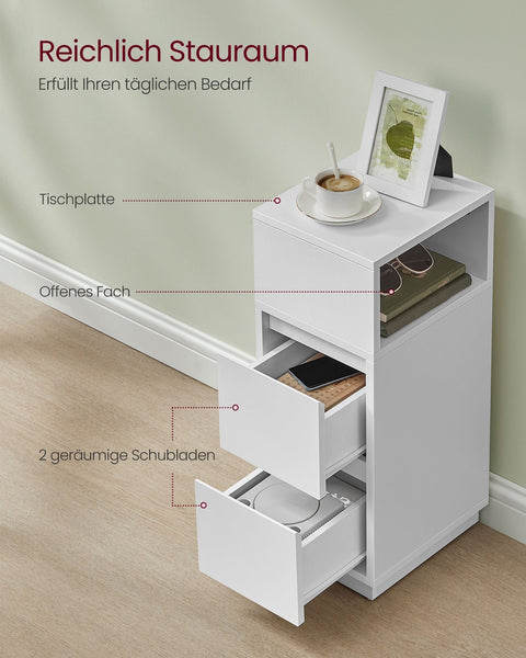 Rootz Narrow Bedside Table - Nightstand - White Finish - Space-Saving Design - 30 x 25 x 65 cm