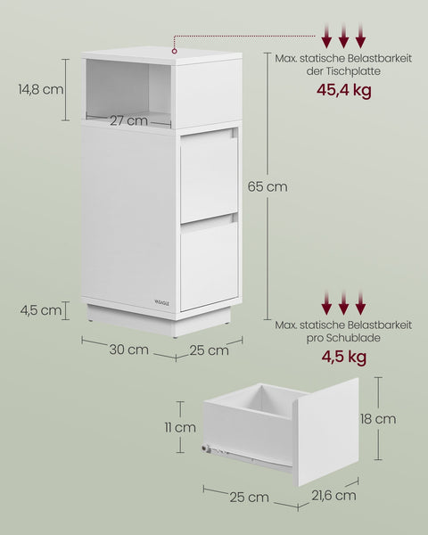 Rootz Narrow Bedside Table - Nightstand - White Finish - Space-Saving Design - 30 x 25 x 65 cm