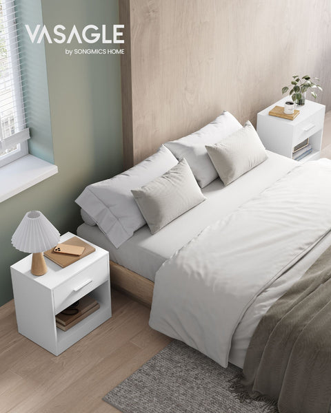 Rootz 2 Piece Set Side Table - Nightstand - Bedside Table - Chipboard Material - Classic White - 28cm x 39cm x 41cm - 5.7kg - Drawer with 5kg Capacity - Total 75kg Capacity