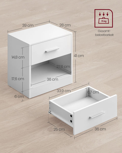 Rootz 2 Piece Set Side Table - Nightstand - Bedside Table - Chipboard Material - Classic White - 28cm x 39cm x 41cm - 5.7kg - Drawer with 5kg Capacity - Total 75kg Capacity