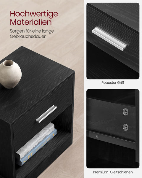 Rootz Chipboard Side Table Set - Classic Black - Bedside Tables - Nightstand - 5.7kg - 28cm x 39cm x 41cm - Drawer Capacity 5kg - Total Capacity 75kg