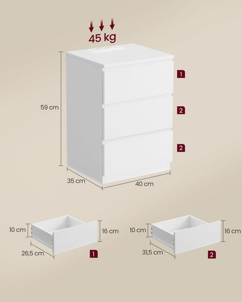 Rootz Bedside Table Set of 2 - Nightstand Set - 2-Piece Nightstand - Modern Cloud White - 2 AC Sockets - 40cm x 30cm x 45cm
