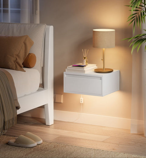 Rootz Hanging Bedside Table Set of 2 - Floating Nightstand - Wall-Mounted Unit - White - 35cm x 40cm x 18cm
