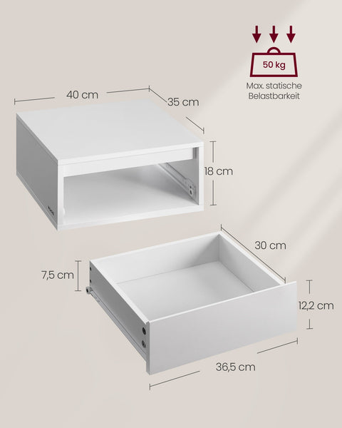 Rootz Hanging Bedside Table Set of 2 - Floating Nightstand - Wall-Mounted Unit - White - 35cm x 40cm x 18cm