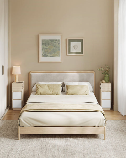 Rootz 2 Piece Narrow Bedside Table Set - Nightstand - Bedside Cabinet - Storage Solution - 30cm x 25cm x 65cm - Brown- White