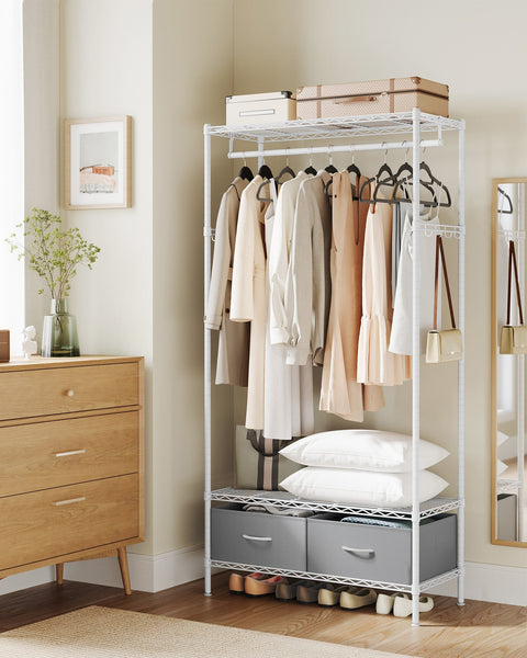 Rootz Clothes Rack - Wardrobe Organizer - Garment Hanger - 2 Drawers - Steel - 40 x 90 x 180 cm - White- Grey