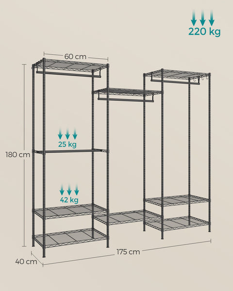Rootz Steel Clothes Rack - Garment Rack - Wardrobe Organizer - Heavy Duty - Ink Black - 40cm x 175cm x 180cm