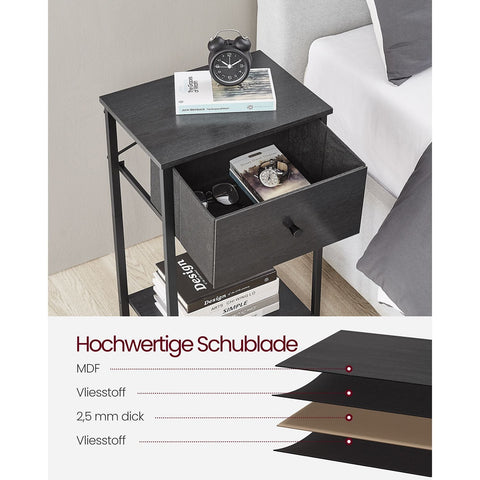 Rootz Bedside Table - Nightstand - End Table - Chipboard Steel Non-Woven Fabric - 28cm x 38cm x 61cm - Black - Lightweight - Sturdy Construction - Easy Assembly