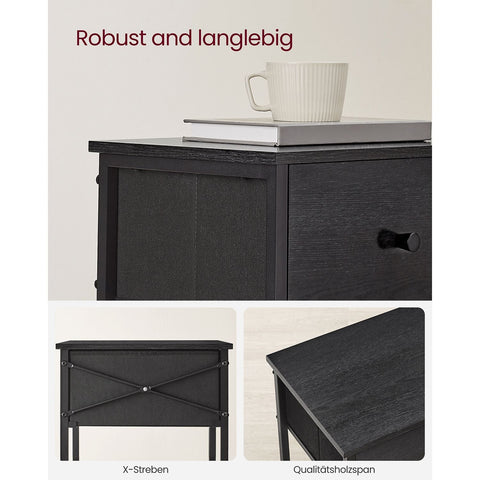 Rootz Bedside Table - Nightstand - End Table - Chipboard Steel Non-Woven Fabric - 28cm x 38cm x 61cm - Black - Lightweight - Sturdy Construction - Easy Assembly