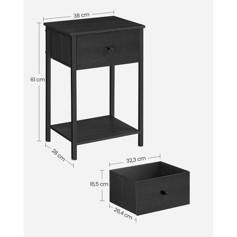 Rootz Bedside Table - Nightstand - End Table - Chipboard Steel Non-Woven Fabric - 28cm x 38cm x 61cm - Black - Lightweight - Sturdy Construction - Easy Assembly