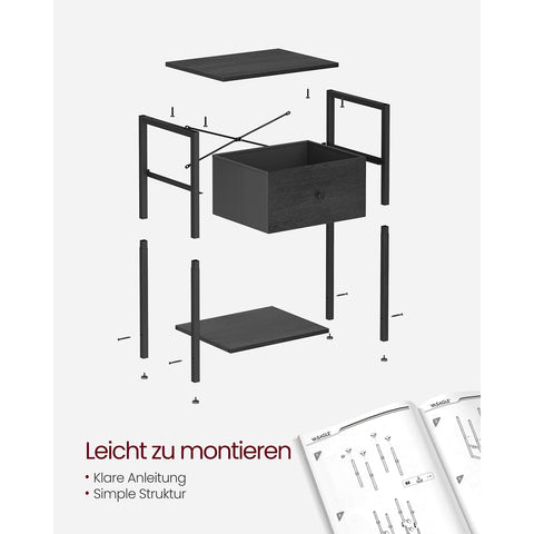 Rootz Bedside Table - Nightstand - End Table - Chipboard Steel Non-Woven Fabric - 28cm x 38cm x 61cm - Black - Lightweight - Sturdy Construction - Easy Assembly
