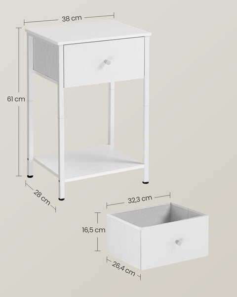 Rootz 2 Piece Set Bedside Tables - Nightstand - End Tables - Chipboard Steel Non-Woven Fabric - 28cm x 38cm x 61cm - White - Lightweight - Sturdy - Easy Assembly