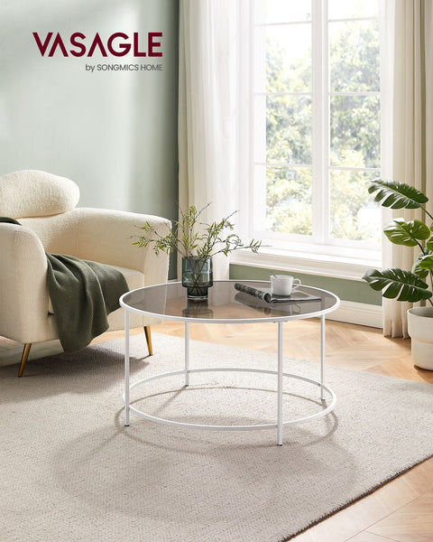 Rootz Glass Coffee Table - Round Table - Steel Frame - Tempered Glass Top - Pearl White-Slate Gray - 84cm x 45.5cm - Lightweight - Sturdy - Easy Assembly