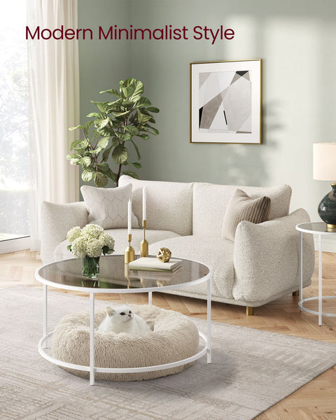 Rootz Glass Coffee Table - Round Table - Steel Frame - Tempered Glass Top - Pearl White-Slate Gray - 84cm x 45.5cm - Lightweight - Sturdy - Easy Assembly