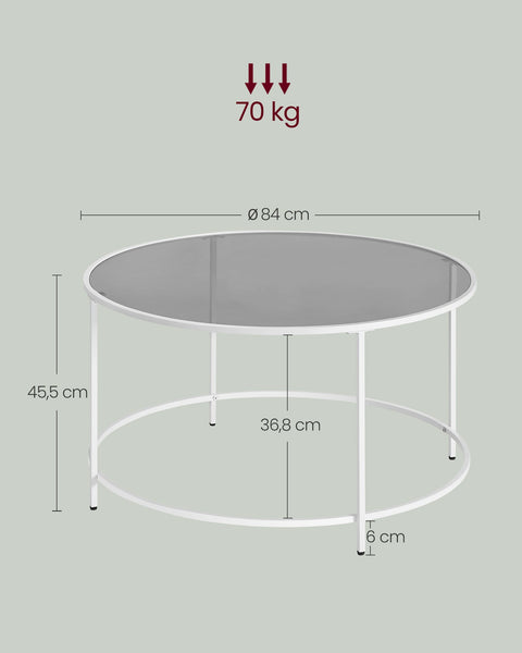 Rootz Glass Coffee Table - Round Table - Steel Frame - Tempered Glass Top - Pearl White-Slate Gray - 84cm x 45.5cm - Lightweight - Sturdy - Easy Assembly