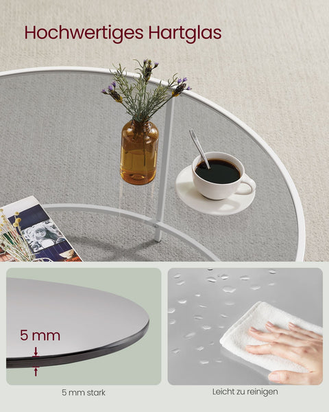 Rootz Glass Coffee Table - Round Table - Steel Frame - Tempered Glass Top - Pearl White-Slate Gray - 84cm x 45.5cm - Lightweight - Sturdy - Easy Assembly