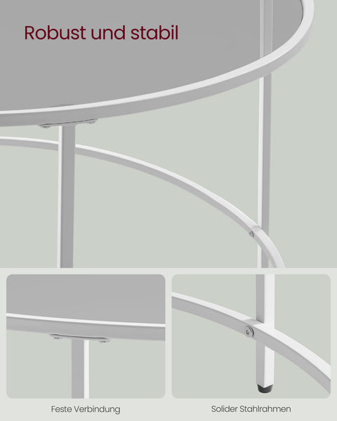 Rootz Glass Coffee Table - Round Table - Steel Frame - Tempered Glass Top - Pearl White-Slate Gray - 84cm x 45.5cm - Lightweight - Sturdy - Easy Assembly