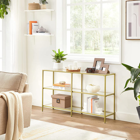 Rootz 3 Tier Console Table - Entryway Table - Hallway Table - Elegant Design - 130cm x 30cm x 73cm Gold Steel & Tempered Glass